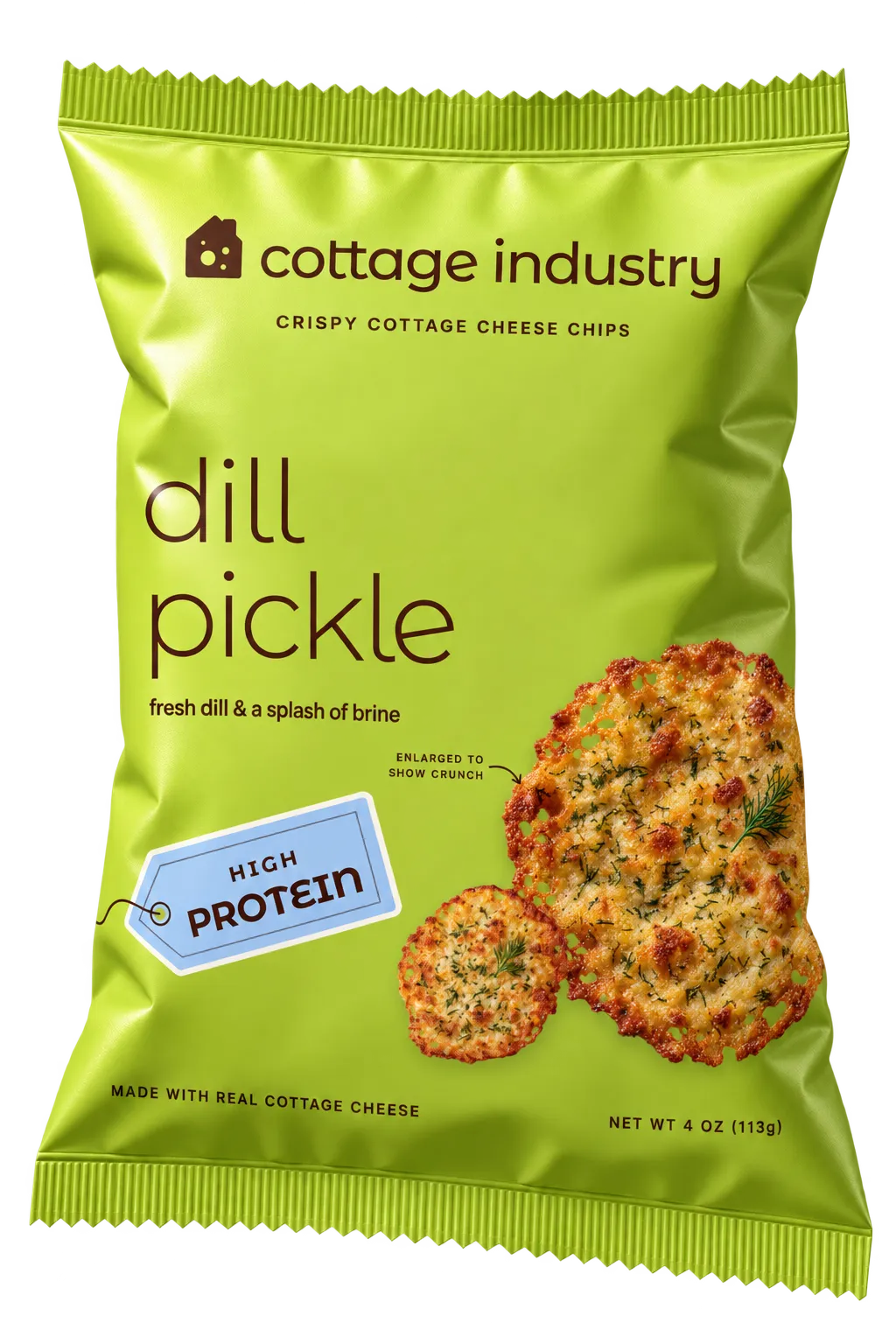 A chartreuse bag of Cottage Industry dill pickle crispy cottage cheese chips