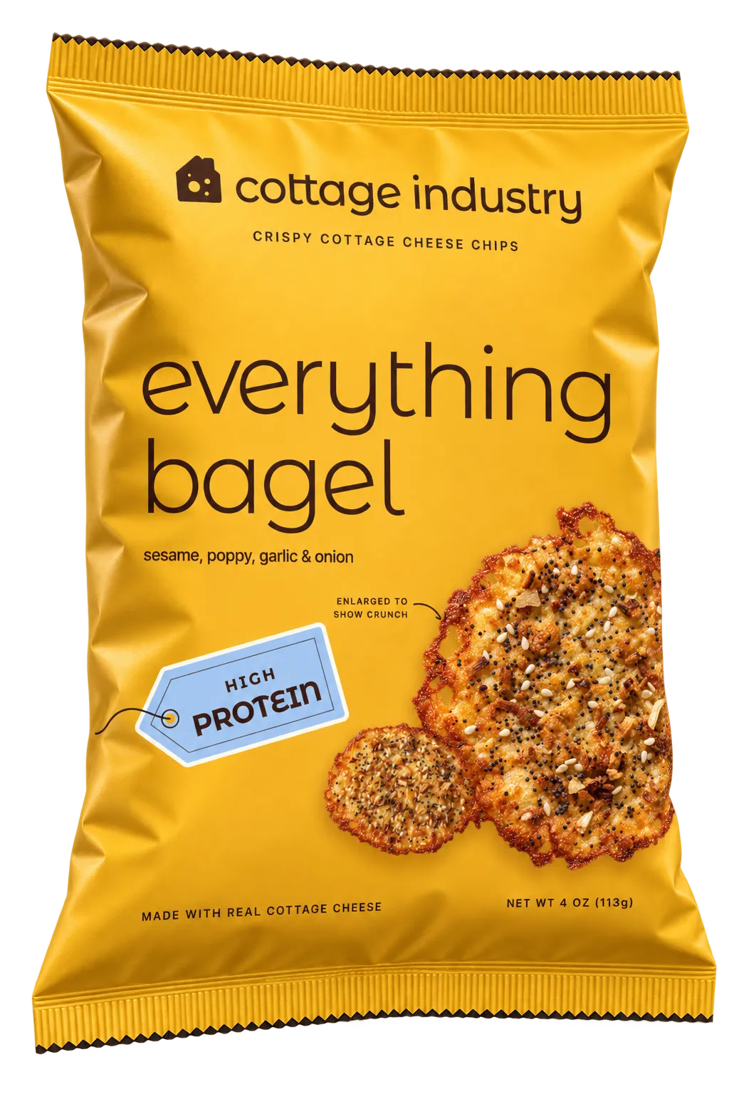 A marigold bag of Cottage Industry everything bagel crispy cottage cheese chips, a golden crisp on the front