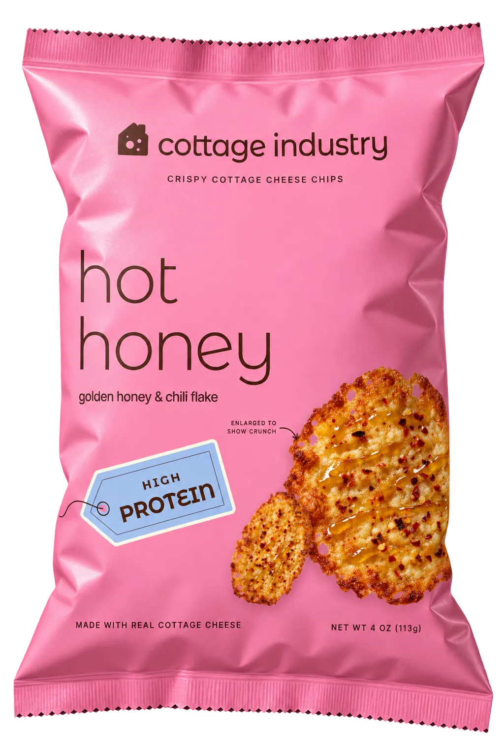A bubblegum-pink bag of Cottage Industry hot honey crispy cottage cheese chips