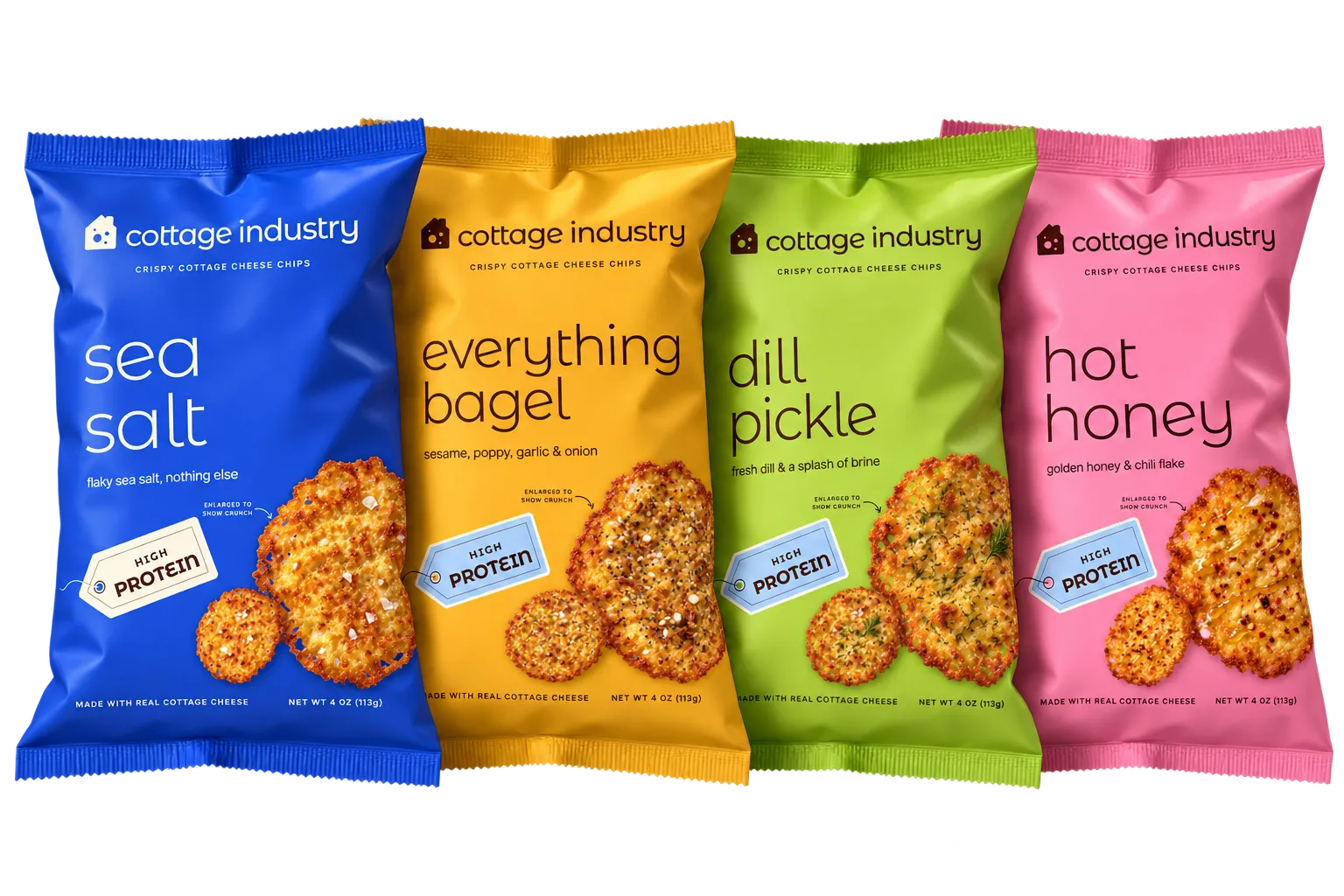 All four Cottage Industry bags standing in a row: sea salt, everything bagel, dill pickle and hot honey