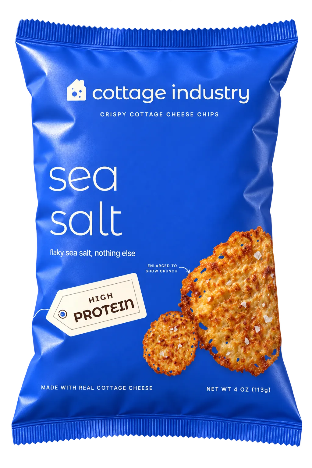 A cobalt bag of Cottage Industry sea salt crispy cottage cheese chips