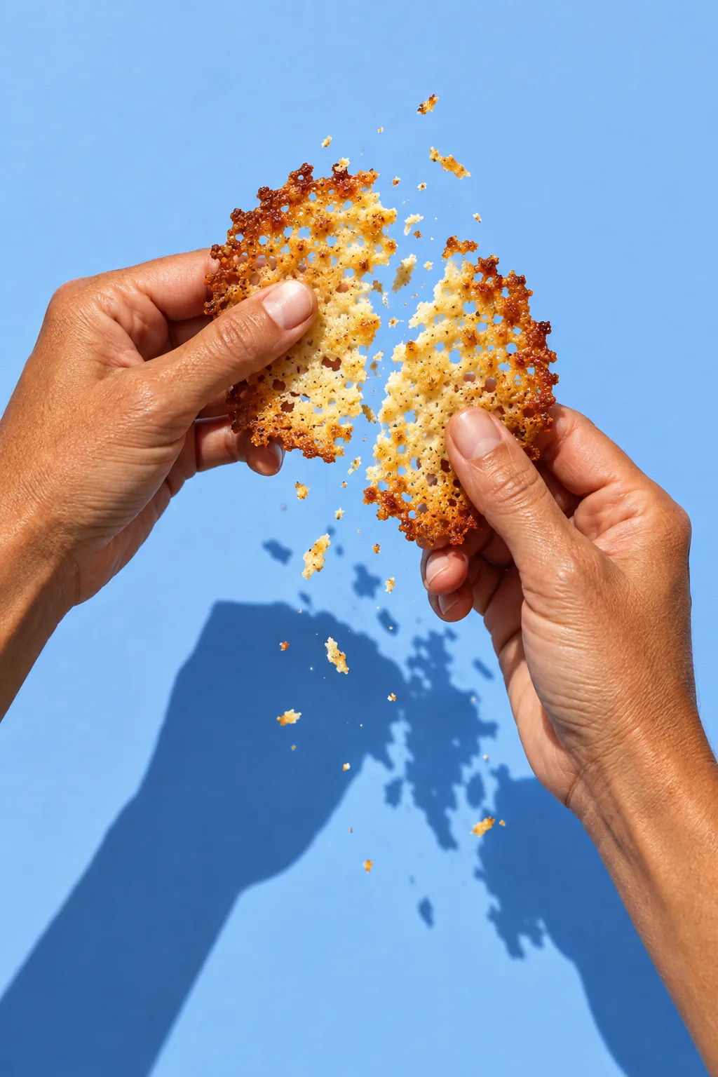 A hand snapping a golden crisp in half against a sky-blue ground, crumbs caught mid-air in hard sun