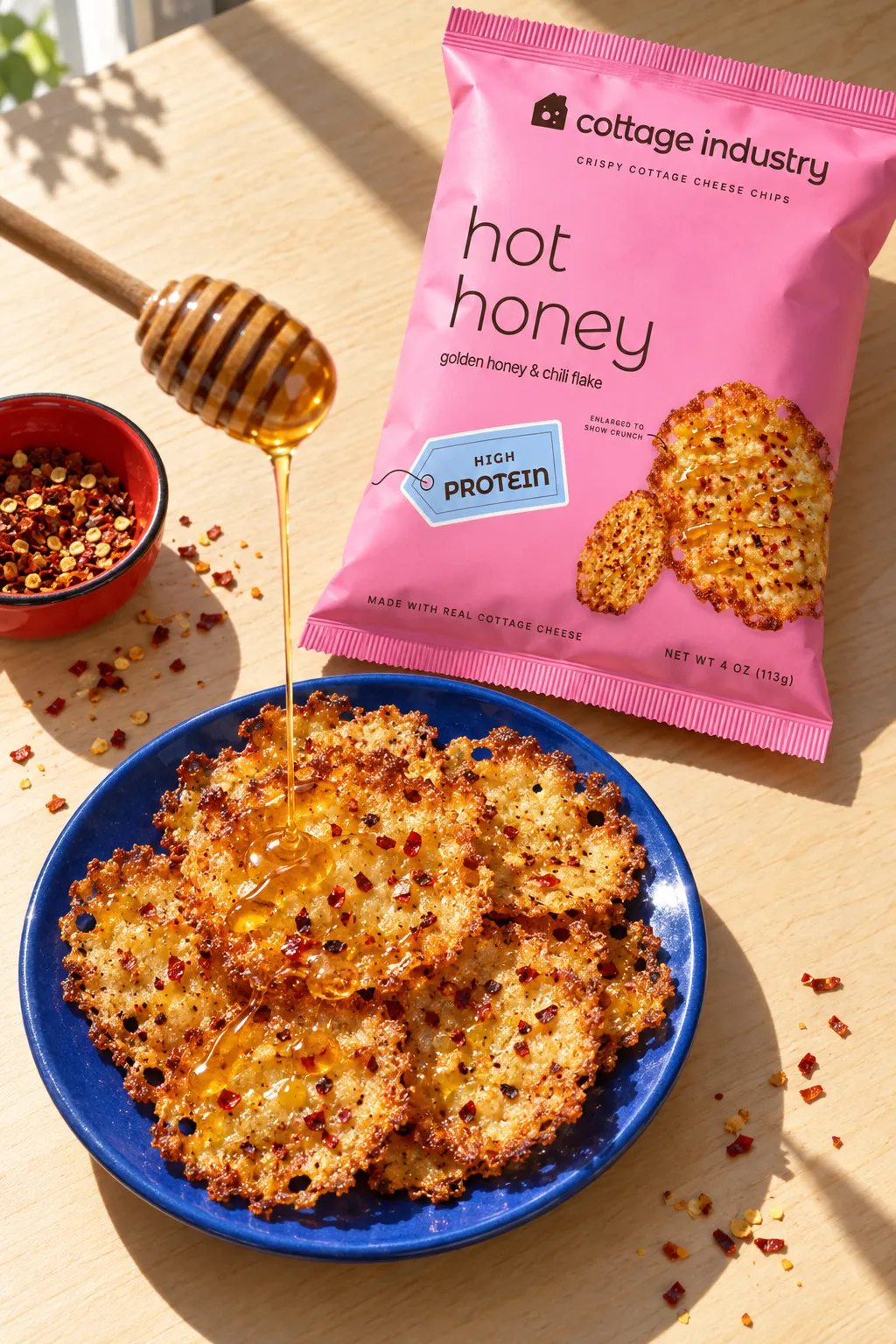 Honey drizzling from a dipper onto crisps on a cobalt plate, the hot honey bag on its side and chili flakes in a small tomato-red bowl