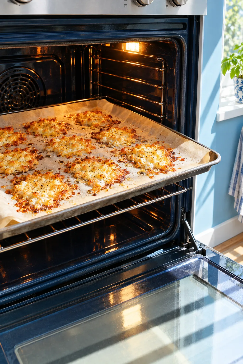 Cottage cheese crisps blistering golden on parchment on a sheet pan, seen through an open oven door