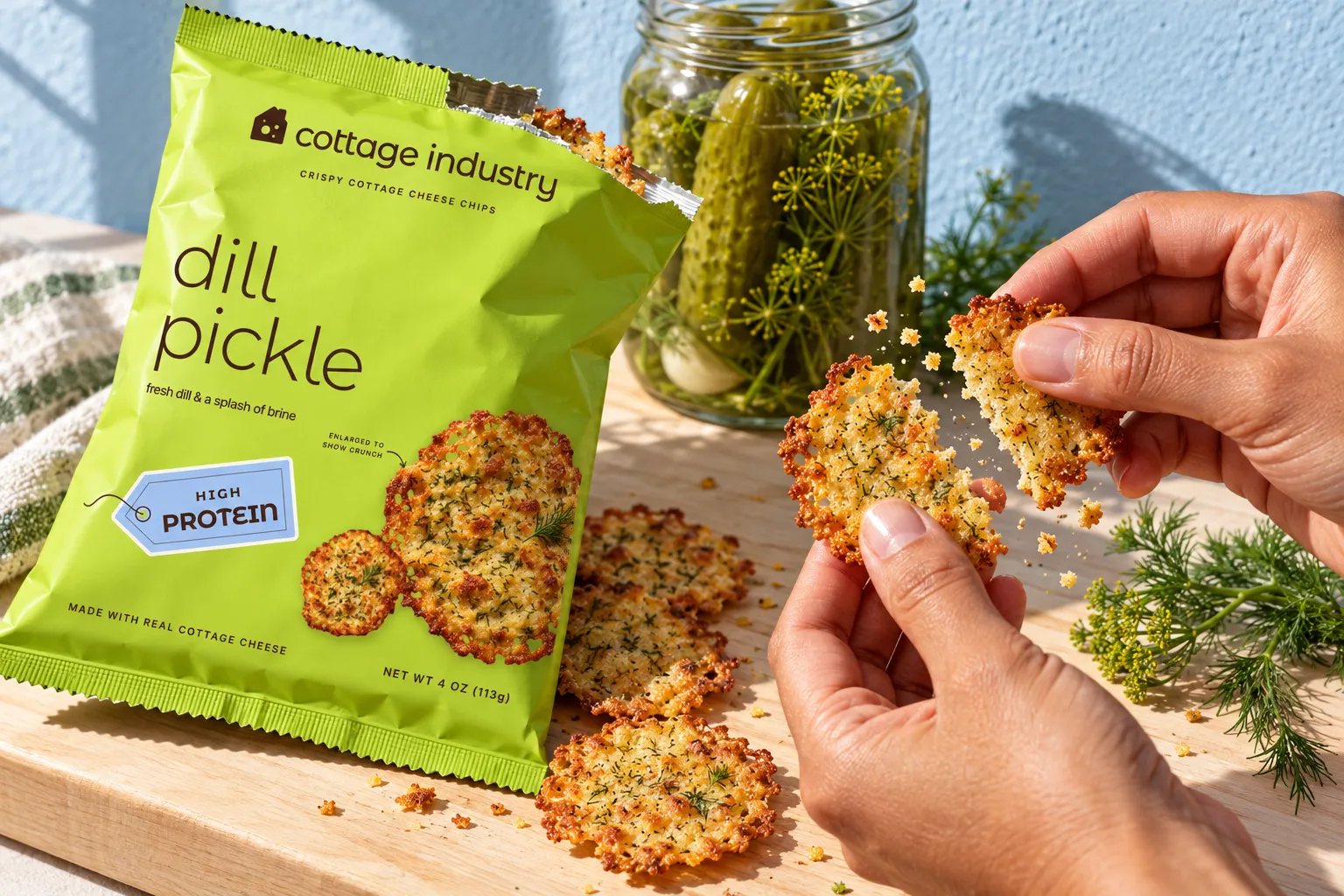 A torn-open bag of dill pickle chips on a maple board beside a jar of pickles and loose dill, a hand snapping a crisp as crumbs fly