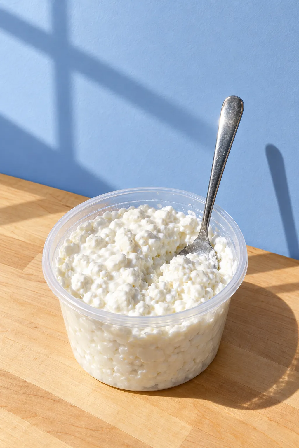 A clear deli tub of cottage cheese with a spoon standing in it, on a maple counter in hard sun against a sky-blue wall